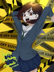 Rule 34 | 1girl, :d, arms up, artist name, birthday, blue jacket, blue skirt, bob cut, breasts, brown eyes, brown hair, caution tape, character name, character signature, clothes lift, commentary, dated, eizouken ni wa te wo dasu na!, english commentary, english text, excited, floating hair, green necktie, happy birthday, highres, inverted bob, jacket, jumping, looking at viewer, messy hair, mizusaki tsubame, necktie, open mouth, pleated skirt, sailor collar, sayuri 44444, school uniform, shirt, short hair, skirt, skirt lift, small breasts, smile, solo, swept bangs, teeth, thick eyebrows, upper teeth only, v-shaped eyebrows, white sailor collar, white shirt, yellow background
