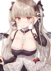 Rule 34 | 1girl, absurdres, azur lane, bad id, bad twitter id, bare shoulders, between breasts, black bow, black dress, bow, breasts, cleavage, collarbone, detached collar, dress, earrings, flight deck, formidable (azur lane), frilled dress, frills, hair bow, hand up, highres, jewelry, large breasts, long hair, long sleeves, looking at viewer, parted lips, red eyes, sanpaku, silver hair, simple background, solo, tokkyu, twintails, upper body, very long hair, white background