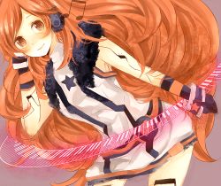 Rule 34 | 1girl, android, bad id, bad pixiv id, circular keyboard, dress, female focus, gloves, headphones, headset, joints, komine, leaning forward, long hair, lowres, musical note, piano keys, red eyes, red hair, robot joints, sf-a2 miki, smile, solo, star (symbol), striped clothes, striped gloves, very long hair, vocaloid, wrist cuffs