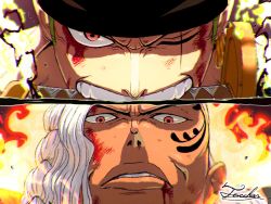 Rule 34 | 2boys, battle, blood, blood on face, close-up, dark-skinned male, dark skin, eye focus, facial tattoo, frown, green hair, highres, king (one piece), looking at viewer, male focus, mouth hold, multiple boys, one piece, roronoa zoro, scar, scar across eye, scar on face, serious, short hair, tacchan56110, tattoo, teeth, white hair