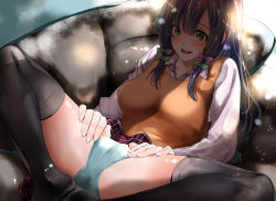 Rule 34 | 1girl, :d, black thighhighs, blue panties, blush, breasts, cameltoe, clothes lift, collared shirt, couch, feet, feet together, green eyes, knees apart feet together, large breasts, long hair, lying, no shoes, on back, open mouth, original, panties, purple hair, shirt, smile, solo, spread legs, sweater vest, teeth, thighhighs, ugeppa, underwear