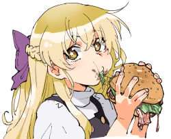 1girl blonde_hair bow burger commentary_request eating food food_bite food_in_mouth food_on_face from_side full_mouth hair_bow half_up_half_down_braid hands_up henriiku_(ahemaru) holding holding_burger holding_food kirisame_marisa long_hair looking_to_the_side no_headwear purple_bow shirt short_sleeves simple_background solo star-shaped_pupils star_(symbol) symbol-shaped_pupils touhou turtleneck turtleneck_shirt upper_body white_shirt yellow_eyes