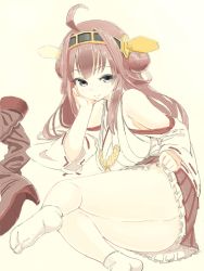 Rule 34 | 10s, 1girl, ahoge, ass, bad drawr id, bad id, bare shoulders, boots, brown hair, detached sleeves, double bun, drawr, hair bun, hair ornament, hairband, head rest, headgear, japanese clothes, kantai collection, kongou (kancolle), long hair, looking at viewer, lying, no shoes, nontraditional miko, oekaki, shoes, simple background, skirt, smile, socks, solo, sukeroku (treeee), thigh boots, thighhighs, unworn boots, unworn shoes