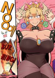 Rule 34 | !?, 1boy, 1girl, aqua eyes, bare shoulders, black dress, blonde hair, blush, bowsette, bracelet, breasts, breath weapon, breathing fire, brooch, cabbie hat, cleavage, collar, constricted pupils, cowboy shot, dress, earrings, embarrassed, emphasis lines, english text, eyelashes, facial hair, fangs, fangs out, fingernails, fire, gloves, green nails, hair between eyes, hat, head tilt, hip focus, horns, huge breasts, inset, jewelry, looking at viewer, lying, mario (series), mustache, nail polish, nervous, new super mario bros. u deluxe, nintendo, nose blush, on back, on bed, overalls, pantyhose, pinned, pororokka (macareo), pov, puckered lips, red shirt, reflection, screaming, sharp fingernails, shell, shiny skin, shirt, short hair, skindentation, solo focus, spiked bracelet, spiked collar, spikes, spoken interrobang, strapless, strapless dress, super crown, teeth, trembling, unworn hat, unworn headwear, white gloves