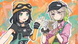 2girls absurdres apron bags_under_eyes bangboo_(zenless_zone_zero) beanie black_choker black_hair black_shirt blush bra bra_peek bracelet brown_hair candy choker coco_(zenless_zone_zero) colored_inner_hair commentary_request detached_sleeves doughnut_bracelet drink_pouch earclip food gloves goggles goggles_on_head green_apron green_eyes green_hair hair_ornament hairclip hat headphones headphones_around_neck highres jewelry lollipop long_hair looking_at_viewer multicolored_hair multiple_girls name_tag open_mouth orange_hat orange_sleeves overalls pink_pupils pink_shirt polka_dot polka_dot_shirt purple_eyes shirt short_sidetail smile susie_(zenless_zone_zero) tangcujisui two-tone_eyes underwear visor_cap white_gloves wolf_cut zenless_zone_zero