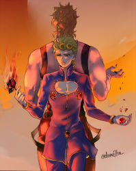 Rule 34 | 2boys, back-to-back, blonde hair, brooch, bug, burning, cleavage cutout, clothing cutout, dio brando, father and son, fire, flower, giorno giovanna, insect, jewelry, jojo no kimyou na bouken, ladybug, long sleeves, multiple boys, pectoral cleavage, pectorals, rose, sleeveless, teardrop, vento aureo, yagotoki sato