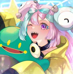 Rule 34 | 1girl, ;d, absurdres, asada sadao, bellibolt, character hair ornament, commentary request, creatures (company), eyelashes, game freak, green hair, hair ornament, highres, holding, holding pokemon, hug, iono (pokemon), jacket, long hair, multicolored hair, nintendo, one eye closed, open mouth, pink hair, pokemon, pokemon (creature), pokemon sv, purple eyes, sharp teeth, smile, teeth, tongue, two-tone hair, upper teeth only, yellow jacket