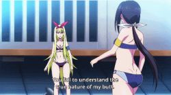 Rule 34 | 10s, 2girls, animated, animated gif, ass, black hair, blonde hair, butt crack, dimples of venus, energy, face in ass, head on ass, hip attack, kaminashi nozomi, keijo!!!!!!!!, lowres, multiple girls, sakashiro maya, subtitled, swimsuit