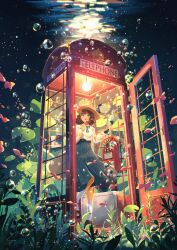 Rule 34 | 1girl, air bubble, atelier umiyury, black footwear, brown hair, bubble, commentary, english text, fish, hat, high-waist skirt, highres, holding, holding phone, long skirt, long sleeves, open mouth, original, phone, phone booth, plant, ribbon, shirt, skirt, smile, socks, solo, submerged, underwater, water, wavy hair, white shirt