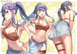 Rule 34 | 1girl, ;d, ass, bare arms, bare shoulders, bikini, blue eyes, blue hair, blue sarong, blush, breasts, brown bikini, butt crack, cleavage, closed mouth, collarbone, commentary request, earrings, floral background, floral print, flower, from behind, gotland (kancolle), hair between eyes, hair flower, hair ornament, hand on own hip, jewelry, kantai collection, long hair, looking at viewer, medium breasts, mole, mole under eye, multiple views, navel, necklace, one eye closed, open mouth, ponytail, purple flower, revision, sarong, smile, sparkle, swimsuit, tantaka, thigh strap, twitter username