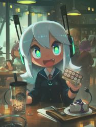 Rule 34 | 1girl, :d, absurdres, aqua eyes, black jacket, blazer, blueberry, blush, bubble tea, cable, cake, cheesecake, commentary, cup, digitan (porforever), disposable cup, drinking straw, electric plug, english commentary, fang, food, fruit, hair between eyes, headphones, highres, indoors, jacket, long hair, long sleeves, looking at viewer, open mouth, original, plate, porforever, school uniform, smile, solo focus, spoon, stamp mark, star (symbol), star in eye, symbol in eye, table, tail, white hair