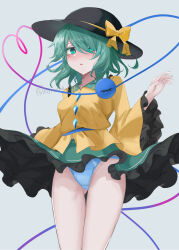 Rule 34 | 1girl, black hat, blush, bow, commentary request, frilled skirt, frills, gluteal fold, green eyes, green skirt, grey background, hat, hat bow, heart, heart of string, highres, komeiji koishi, kuro wa shinoru, long sleeves, looking at viewer, open mouth, panties, shirt, short hair, simple background, skirt, solo, third eye, touhou, underwear, white panties, yellow bow, yellow shirt