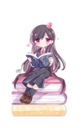 Rule 34 | 1girl, black socks, book, brown footwear, collared shirt, facial mark, highres, holding, holding book, long hair, looking at viewer, mashle, necktie, red eyes, red necktie, rippi (k1fqp0s3mhqid55), shirt, sitting, socks, solo, sophina biblia