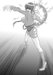 Rule 34 | 1girl, boots, breasts, cropped jacket, electricity, emphasis lines, energy ball, fatal fury, greyscale, hair over eyes, incoming attack, knee boots, large breasts, leotard, lipstick, long hair, makeup, miniskirt, monochrome, risdead, shermie (kof), skirt, solo, split ponytail, the king of fighters, twintails