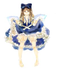 Rule 34 | 1girl, bare legs, barefoot, bloomers, blue bow, blue dress, blue ribbon, blunt bangs, blush, bow, brown eyes, brown hair, closed mouth, clothes lift, commentary request, dress, dress lift, fairy wings, full body, hair bow, hands up, konabetate, lifted by self, long hair, looking at viewer, neck ribbon, nose blush, open clothes, open dress, petticoat, pigeon-toed, pointy ears, puffy short sleeves, puffy sleeves, ribbon, see-through, see-through bloomers, short sleeves, sidelocks, simple background, smile, solo, split mouth, star (symbol), star print, star sapphire, straight-on, touhou, underwear, undone neck ribbon, white background, wings