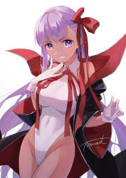 Rule 34 | 1girl, bb (fate), bb (fate) (all), bb (swimsuit mooncancer) (fate), bb (swimsuit mooncancer) (third ascension) (fate), black coat, breasts, coat, collared leotard, commentary request, fate/grand order, fate (series), fomnant, gloves, grin, highleg, highleg leotard, highres, large breasts, leotard, long hair, looking at viewer, popped collar, purple eyes, purple hair, red ribbon, ribbon, signature, simple background, smile, solo, tan, very long hair, white background, white gloves, white leotard