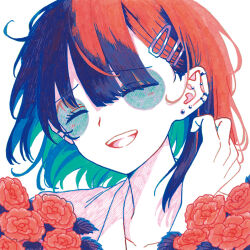 Rule 34 | 1girl, bags under eyes, begonia (flower), closed eyes, commentary request, ear piercing, earrings, facing viewer, flower, hair behind ear, hair ornament, hairclip, hand up, happy, highres, indie virtual youtuber, jewelry, limited palette, mizuinokima, open mouth, piercing, portrait, red flower, shirt, short hair, simple background, smile, solo, virtual youtuber, white background, yosumi (vtuber)