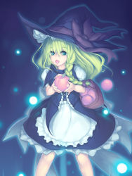 Rule 34 | 1girl, apple, apron, basket, blonde hair, bow, braid, cleavage cutout, clothing cutout, die blonde bestie, food, fruit, gradient background, hair bow, hat, hat ribbon, highres, kirisame marisa, long hair, looking at viewer, open mouth, puffy sleeves, ribbon, shirt, short sleeves, side braid, single braid, skirt, skirt set, solo, touhou, waist apron, witch hat