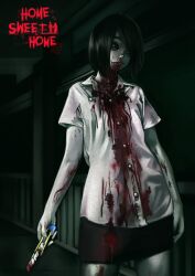 Rule 34 | 1girl, black hair, black sclera, black shorts, blood, blood on arm, blood on clothes, blood on face, bloody weapon, boxcutter, boxcutter girl (home sweet home), colored sclera, copyright name, dark background, highres, holding, holding boxcutter, home sweet home (game), horror (theme), night, nomed0018, shirt, short hair, shorts, standing, weapon, white shirt, yellow eyes