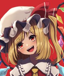 Rule 34 | 1girl, :d, ascot, blonde hair, blush, crystal, flandre scarlet, frilled shirt collar, frills, hat, hat ribbon, head tilt, highres, looking at viewer, mob cap, one side up, open mouth, puffy short sleeves, puffy sleeves, red background, red eyes, red ribbon, red vest, ribbon, shirt, short sleeves, simple background, smile, solo, teeth, tongue, totoraisu, touhou, upper body, upper teeth only, vest, white hat, wings