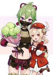 Rule 34 | 2girls, age difference, black gloves, boots, breasts, cabbie hat, crop top, fingerless gloves, flower, genshin impact, gloves, green hair, hair between eyes, hair ornament, hat, highres, klee (genshin impact), kuki shinobu, long hair, mask, midriff, mouth mask, multiple girls, navel, pointy ears, purple eyes, red eyes, red headwear, short shorts, shorts, small breasts, smile, stomach, twintails, yu ri 0320