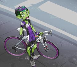 Rule 34 | beast boy (dc), bicycle, bicycle helmet, bike shorts, biker clothes, bikesuit, bodysuit, color connection, colored skin, cycling uniform, day, dc comics, green eyes, green hair, green skin, gyosone, helmet, outdoors, pointy ears, riding, riding bicycle, road, road bicycle, shoes, signature, street, sweat, teen titans, two-tone sneakers
