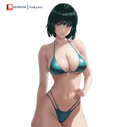 Rule 34 | 1girl, artist name, bikini, black hair, bob cut, breasts, cleavage, collarbone, cowboy shot, feikyart, fubuki (one-punch man), green bikini, green eyes, grin, groin, hand on own hip, large breasts, looking at viewer, navel, one-punch man, patreon username, short hair, simple background, smile, solo, stomach, swimsuit, white background
