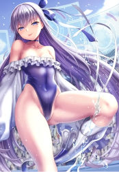 Rule 34 | 1girl, :p, absurdres, armor, arms at sides, bare shoulders, blue eyes, blue one-piece swimsuit, blue ribbon, blue sky, blurry, blush, boots, bow, breasts, cameltoe, choker, cleavage, cloud, cloudy sky, collar, collarbone, day, depth of field, fate/grand order, fate (series), frills, glowing, greaves, groin tendon, hair between eyes, hair bow, half-closed eyes, high heel boots, high heels, highleg, highleg swimsuit, highres, kase daiki, leg up, legs apart, lips, long hair, long sleeves, looking at viewer, medium breasts, meltryllis, meltryllis (fate), meltryllis (swimsuit lancer) (fate), meltryllis (swimsuit lancer) (second ascension) (fate), narrow waist, off-shoulder one-piece swimsuit, one-piece swimsuit, outdoors, purple hair, ribbon, scan, shiny clothes, shiny skin, skin tight, sky, sleeves past fingers, sleeves past wrists, smile, solo, splashing, standing, standing on one leg, swimsuit, thighs, tongue, tongue out, very long hair, water, water drop, wide hips