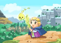 Rule 34 | 1girl, blonde hair, cloak, dress, gold circlet, hair pulled back, holding, holding wand, hood, hooded cloak, mage staff, mihama66, monster, nintendo, pointy ears, princess zelda, role reversal, solo, staff, the legend of zelda, the legend of zelda: echoes of wisdom, tri rod, tunic, wand