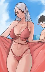 Rule 34 | 1boy, 1girl, absurdres, amamiya ren, bare shoulders, bikini, blush, breasts, clenched hand, glasses, hair behind ear, highres, large breasts, long hair, looking at another, navel, nero watch, niijima sae, outdoors, persona, persona 5, persona 5 the royal, red bikini, silver hair, swimsuit, thighs