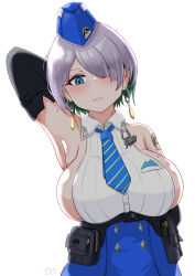 Rule 34 | 1girl, absurdres, arm behind back, arm up, armpits, bare shoulders, belt, belt pouch, black belt, blue eyes, blue hat, blue necktie, blue skirt, blush, breasts, brid (nikke), bridal gauntlets, closed mouth, collared shirt, commentary request, cowboy shot, dangle earrings, earrings, frown, garrison cap, goddess of victory: nikke, green hair, grey hair, hair between eyes, hair over one eye, hat, high-waist skirt, highres, jewelry, large breasts, long hair, long skirt, looking at viewer, mole, mole on breast, multicolored hair, necktie, pouch, shirt, shoulder tattoo, sideboob, sidelocks, simple background, skirt, sleeveless, solo, standing, striped necktie, tattoo, tsuyoshi (normal811), two-tone hair, underbust, white background, white shirt