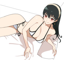 Rule 34 | 1girl, bare arms, bare shoulders, bikini, black hair, blush, breasts, closed mouth, earrings, from above, hair between eyes, hairband, halterneck, highres, jason kim, jewelry, large breasts, long hair, looking at viewer, lying, on bed, on side, pillow, red eyes, side-tie bikini bottom, smile, solo, split mouth, spy x family, string bikini, swimsuit, white bikini, white hairband, yor briar