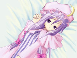 Rule 34 | 1girl, bed, bow, crescent, crescent hair ornament, female focus, hair ornament, hair ribbon, hat, leo.k, long hair, lying, moon, patchouli knowledge, pink bow, purple eyes, purple hair, ribbon, robe, solo, touhou