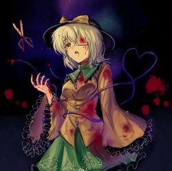 Rule 34 | 1girl, bad id, bad pixiv id, blood, blood on clothes, blood on face, blood on hands, bloody tears, bow, eyepatch, floral print, green hair, hat, hat bow, hat ribbon, heart, heart of string, koissa, komeiji koishi, long sleeves, open mouth, ribbon, scissors, self-harm, short hair, silver hair, skirt, solo, third eye, touhou, wide sleeves