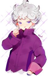 Rule 34 | 1boy, :p, bede (pokemon), blonde hair, child, coat, creatures (company), curly hair, game freak, highres, looking at viewer, male focus, marui shiro, nintendo, pokemon, pokemon swsh, purple coat, signature, solo, tongue, tongue out, white background
