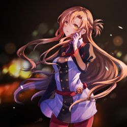 Rule 34 | 1girl, asuna (sao), black sleeves, blurry, blurry background, brown eyes, brown hair, covered navel, cowboy shot, floating hair, gloves, hair between eyes, highres, hozumi rino, long hair, long sleeves, looking at viewer, night, open mouth, outdoors, pants, red pants, solo, standing, sword art online, sword art online the movie: ordinal scale, very long hair, white gloves