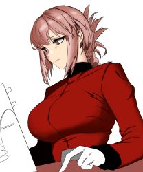 Rule 34 | 1girl, bad id, bad pixiv id, bali, braid, braided ponytail, breasts, closed mouth, commentary, english commentary, fate/grand order, fate (series), florence nightingale (fate), gloves, highres, jacket, large breasts, long hair, long sleeves, pink hair, red eyes, red jacket, solo, white background, white gloves