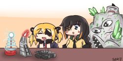 Rule 34 | 1other, 2girls, artist name, bad id, bad twitter id, black hair, black neckwear, blonde hair, blush stickers, braid, brown shirt, closed eyes, command and conquer, commentary, crystal, english commentary, eyepatch, girls&#039; frontline, gloves, hair between eyes, highres, jacket, long hair, long sleeves, m16a1 (girls&#039; frontline), military, military vehicle, model tank, mole, mole under eye, monster, motor vehicle, multicolored hair, multiple girls, obelisk of light, open mouth, orange hair, red neckwear, scar, scar across eye, scar on face, serjatronic, shirt, sidelocks, skorpion (girls&#039; frontline), smile, streaked hair, tank, twintails, upper body
