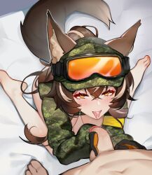 Rule 34 | 1girl, absurdres, after fellatio, animal ears, armband, blush, breasts, brown hair, callisto (greyeth), camouflage, commission, cum, cum in mouth, digital camouflage, flaccid, fox ears, fox tail, highres, looking at viewer, multicolored hair, ninai, original, penis, smug, streaked hair, tail, tongue, tongue out, yellow armband
