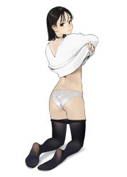 Rule 34 | 1girl, ass, black hair, black pantyhose, blush, brown eyes, closed mouth, clothes lift, clothes pull, feet, from behind, highres, kneeling, lifting own clothes, looking at viewer, looking back, no shoes, original, panties, pantyhose, pantyhose pull, shirt lift, short hair, smile, soles, solo, underwear, white panties, yomu (sgt epper)