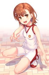 Rule 34 | 1girl, :d, bare arms, bare shoulders, blush, breasts, brown eyes, brown hair, commentary request, flower, full body, hair flower, hair ornament, looking at viewer, misaka mikoto, open mouth, raika9, round teeth, shirt, shoes, short shorts, shorts, sleeveless, sleeveless shirt, small breasts, smile, solo, sportswear, squatting, teeth, toaru kagaku no railgun, toaru majutsu no index, twitter username, upper teeth only, v-shaped eyebrows, white background, white flower, white footwear, white shirt, white shorts