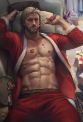 Rule 34 | 1boy, abs, aenaluck, bara, bare pectorals, bed, black male underwear, candy, candy cane, clothes pull, cookie, food, food in mouth, food on body, grey hair, highres, holding, holding food, indoors, large pectorals, lying, male focus, male underwear, male underwear peek, master (aenaluck), muscular, muscular male, navel, nipples, on back, on bed, open clothes, original, pants, pants pull, pectorals, red pants, short hair, solo, sparse stubble, underwear