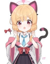Rule 34 | 1girl, ?, absurdres, animal ear headphones, animal ears, black skirt, blonde hair, blue archive, blue necktie, blush, cat tail, collared shirt, fake animal ears, halo, headphones, highres, jacket, juliahsl, long sleeves, momoi (blue archive), necktie, open mouth, pink halo, pleated skirt, red eyes, shirt, short hair, signature, skirt, solo, tail, white jacket, white shirt, wide sleeves