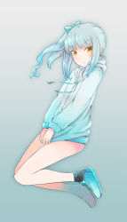 Rule 34 | 10s, 1girl, blue hair, blush, comah, commentary request, hair ribbon, hood, hoodie, kantai collection, kasumi (kancolle), long hair, multicolored hair, ribbon, shoes, side ponytail, silver hair, sneakers, solo, two-tone hair, yellow eyes