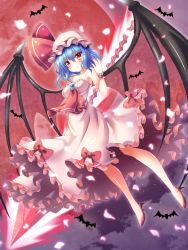 Rule 34 | 1girl, bat (animal), bat wings, blue hair, bow, breasts, brooch, commentary request, dress, fang, fang out, floating, full moon, hat, high heels, highres, jewelry, medium breasts, mob cap, moon, nail polish, aged up, osashin (osada), red hair, red moon, red nails, remilia scarlet, shoes, smile, solo, spear the gungnir, touhou, white dress, wings, wrist cuffs