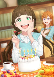 apron berry birthday_cake blurry blurry_background brown_hair cake candle coffee_mug corn corn_cob cup fire food fork fruit green_eyes grilled_corn hand_on_own_cheek hand_on_own_face happy highres holding holding_fork long_hair love_live! love_live!_superstar!! morita49c mug orange_hair purple_eyes sakurakoji_kinako shibuya_kanon smile star-shaped_pupils star_(symbol) symbol-shaped_pupils table