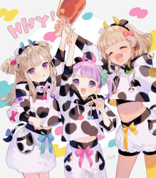 Rule 34 | 3girls, :d, ^ ^, animal ears, animal print, arm up, blonde hair, blue ribbon, blunt bangs, blunt ends, boned meat, brown hair, closed eyes, commentary request, cow ears, cow horns, cow print, cow tail, cropped hoodie, fake animal ears, fake horns, food, fur skirt, green scrunchie, hair ornament, hair scrunchie, hairband, happy new year, hood, hood down, hoodie, horns, inogashi, long hair, long sleeves, looking at viewer, manaka non, manaka non (normal), meat, midriff, multiple girls, new year, open mouth, outstretched arm, pink ribbon, pretty series, pripara, purple eyes, purple hair, ribbon, scrunchie, short hair, side ponytail, smile, standing, tail, taiyo pepper, tsukikawa chili, tsukikawa chili (normal), two side up, v, yellow ribbon