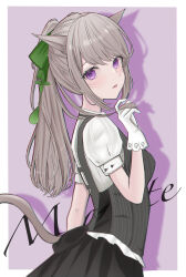 Rule 34 | 1girl, absurdres, animal ears, black skirt, breasts, cat ears, cat girl, cat tail, character name, commentary, facial mark, final fantasy, final fantasy xiv, from side, gloves, hair ornament, highres, holding, holding hair, light brown hair, long hair, looking at viewer, miqo&#039;te, open mouth, ponytail, purple eyes, shirt, short sleeves, sidelocks, skirt, small breasts, solo, suineco, symbol-only commentary, tail, vest, warrior of light (ff14), whisker markings, white gloves, white shirt