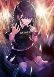 Rule 34 | 1girl, bad arm, black hair, black shirt, black skirt, blue eyes, blurry, blurry background, blurry foreground, clenched teeth, clothes writing, collared shirt, commentary request, depth of field, feet out of frame, girls band cry, hair over one eye, holding, holding microphone, iseri nina, low twintails, microphone, pleated skirt, rin2008, shirt, short twintails, skirt, solo, standing, teeth, twintails, undershirt, v-shaped eyebrows, white shirt