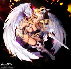 Rule 34 | armor, blonde hair, caesty, clenched hands, dated, granatha eternal, head wings, sword, weapon, wings